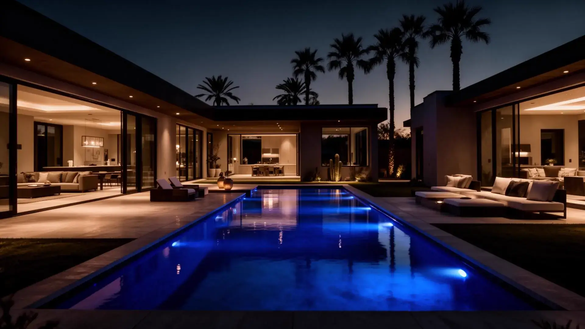 Luxury custom pool at twilight in Phoenix backyard